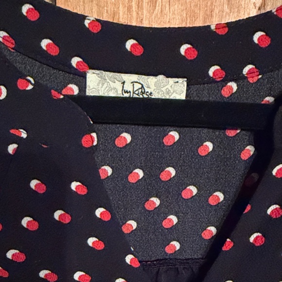 Elegant Ivy Ridge Black Button Front Blouse with Red & White Dots - Picture 2 of 4